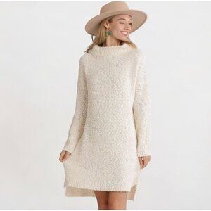 Umgee Cream Textured Knit Long Sleeve Boucle Sweater Dress Size Large